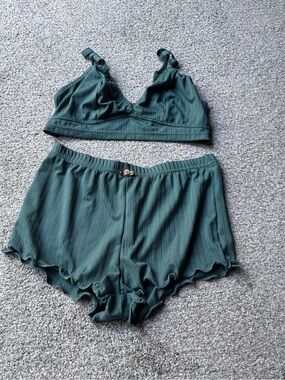 Women’s Small Ribbed Bralette & Shorts Sleep Set in Teal Green